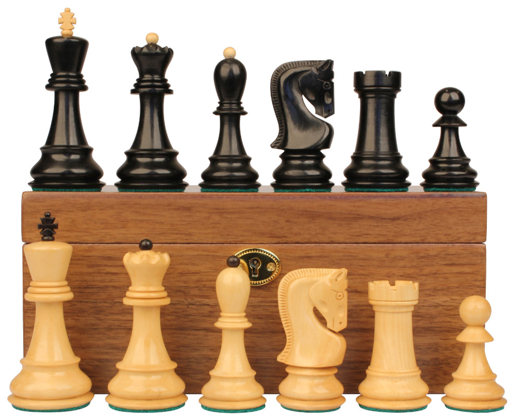 Zagreb Series Chess Set - Ebonized & Boxwood Pieces - Walnut Classic Chess Box - 3.25" King